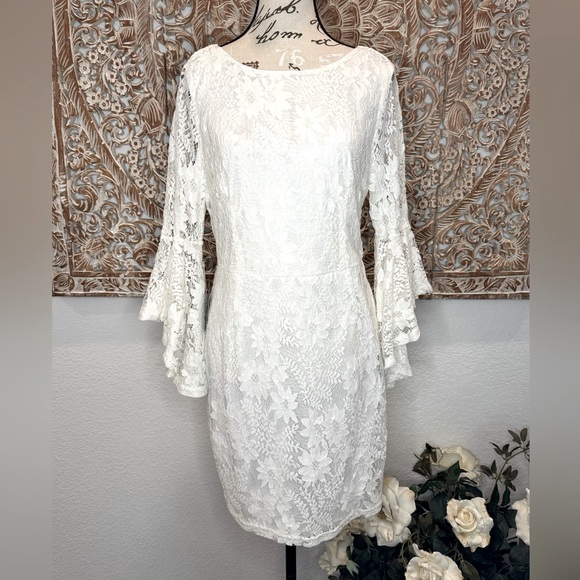 Lulus Allure 'Em In White Lace Bell Sleeve Bodycon Boho Fairycore Mini Dress - Picture 2 of 16
